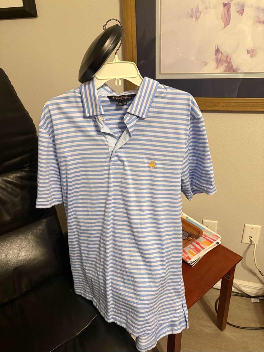 Brooks Brothers Light Blue & White Striped Polo with Embroidered Bee